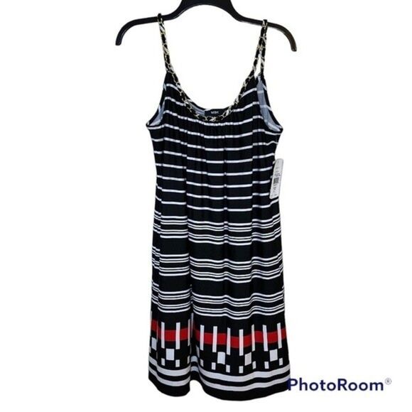 MSK Black/White/Red Striped Chained Neckline Jersey Shift Dress Size Large NWT - Picture 1 of 9